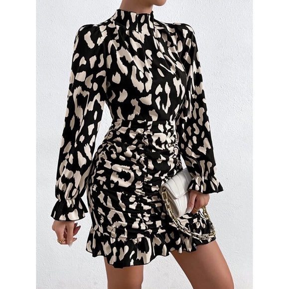 Luisa Allover Print Mock Neck Flounce Sleeve Ruched Ruffle Hem Dress - Picture 2 of 7